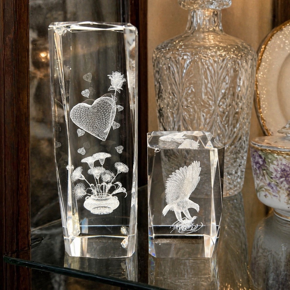 2pc 3D Laser Etched Crystal Glass Cube Paperweight Eagle Heart Floral AS IS